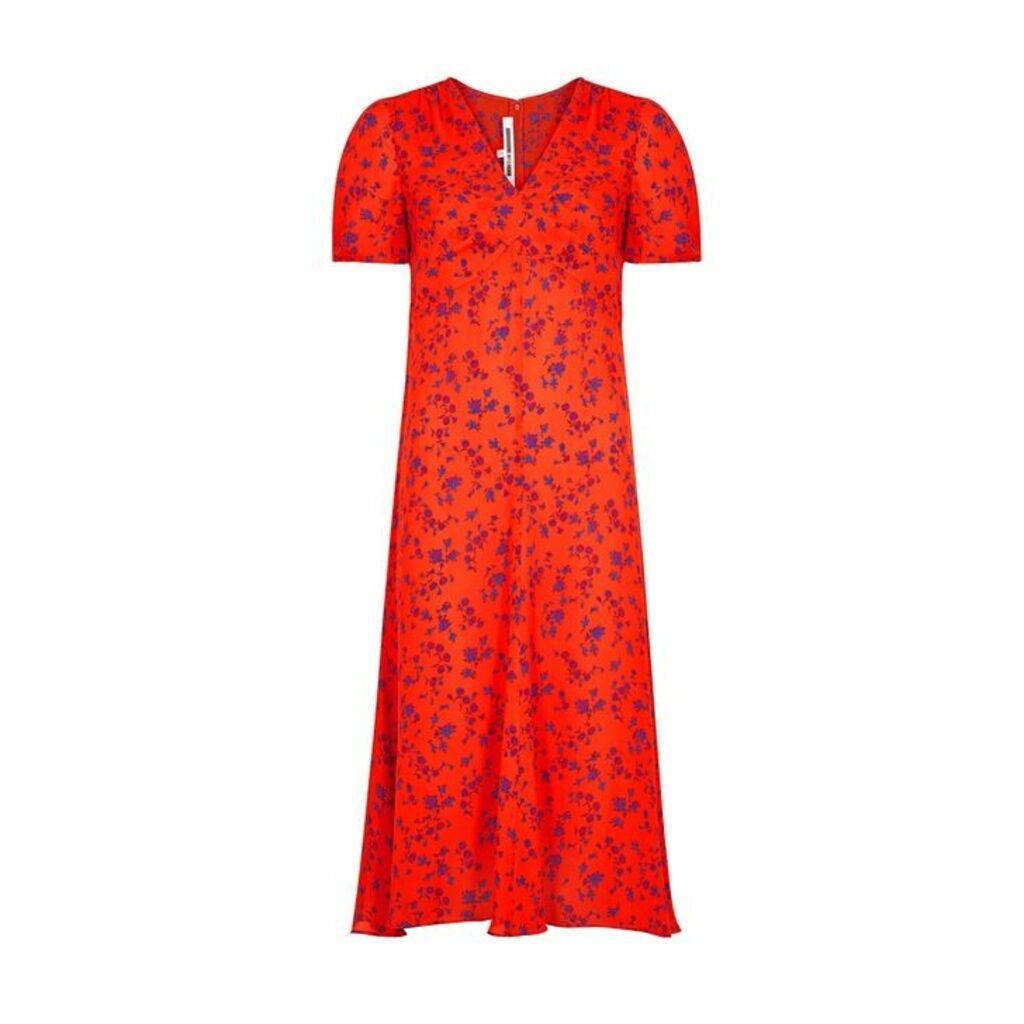 McQ Alexander McQueen Red Floral-print Silk Midi Dress
