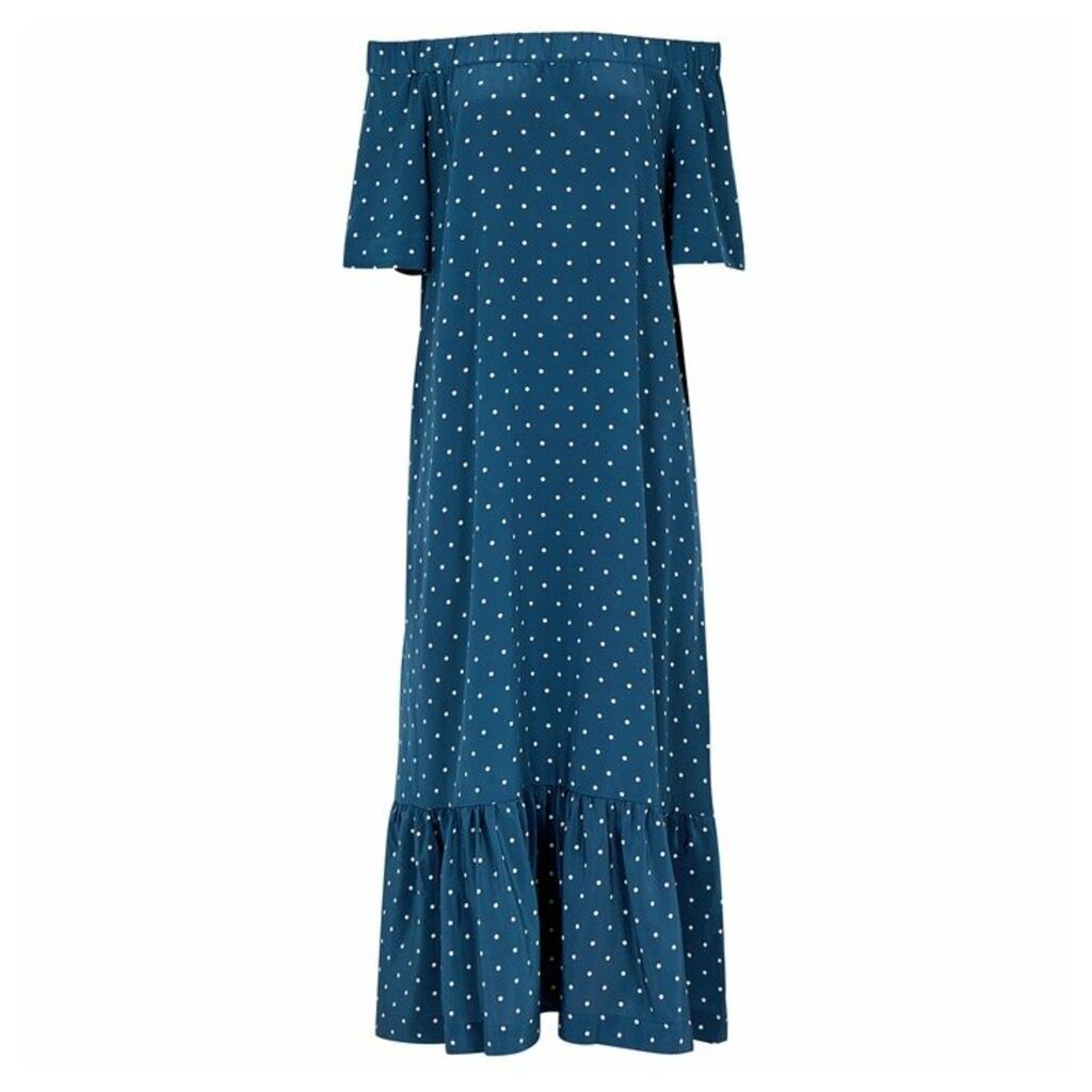 ASCENO Blue Polka-dot Silk Maxi Dress