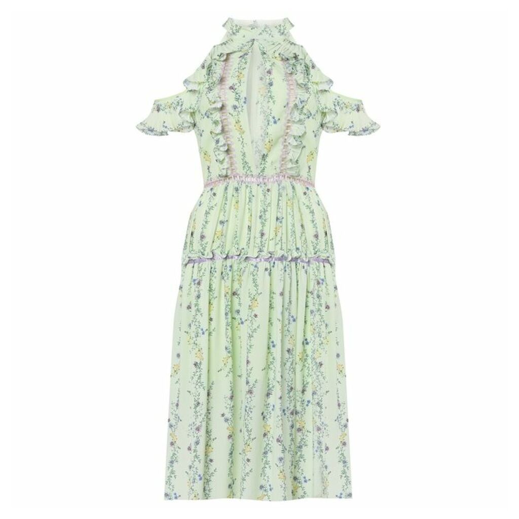True Decadence Apple Linear Floral Crepe Cold Shoulder Midi Dress