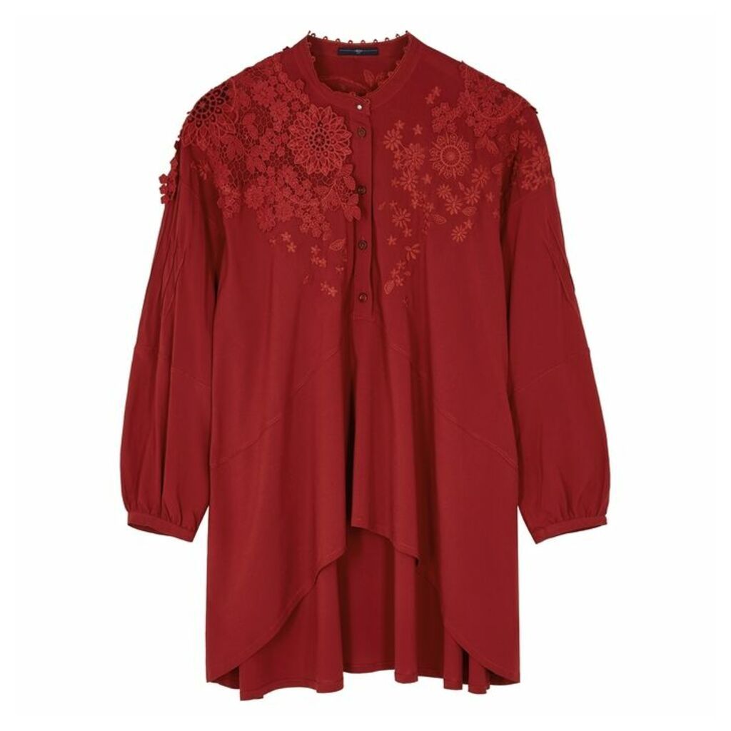 HIGH Portray Dark Red Lace-trimmed Top