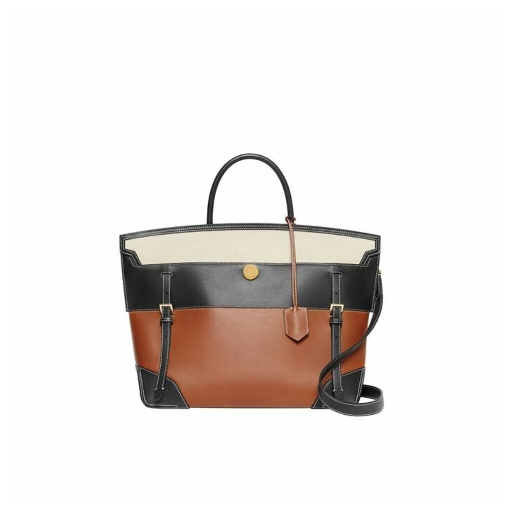 Burberry Tri-tone Leather And Canvas Society Top Handle Bag