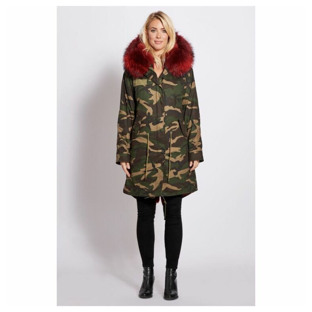 Popski London 3-4 Camouflage Parka With Burgundy Fur Collar And Lining