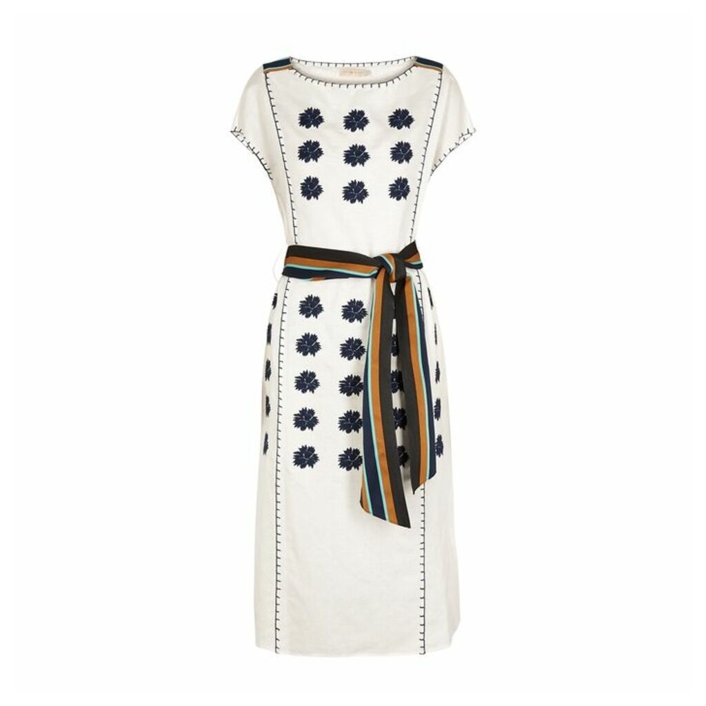 Tory Burch White Embroidered Linen-blend Midi Dress