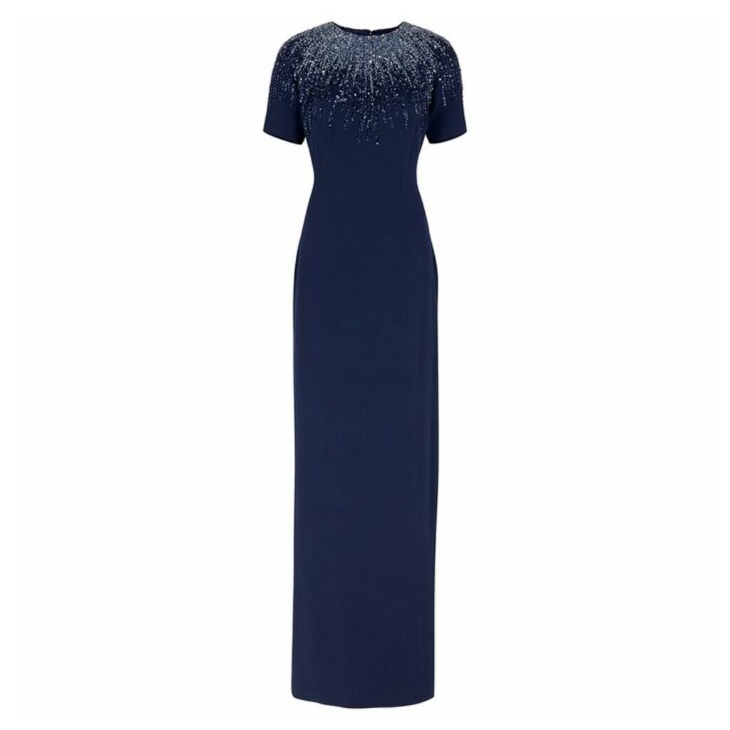 Pamella Roland Navy Sequin And Bead-embelished Gown