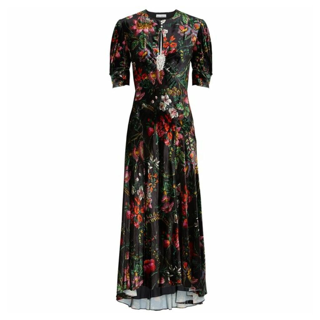 Paco Rabanne Black Floral-print Velvet Midi Dress