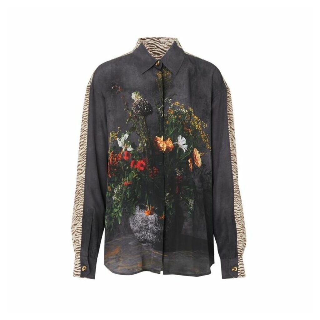 Burberry Floral And Tiger Print Silk Oversized Shirt