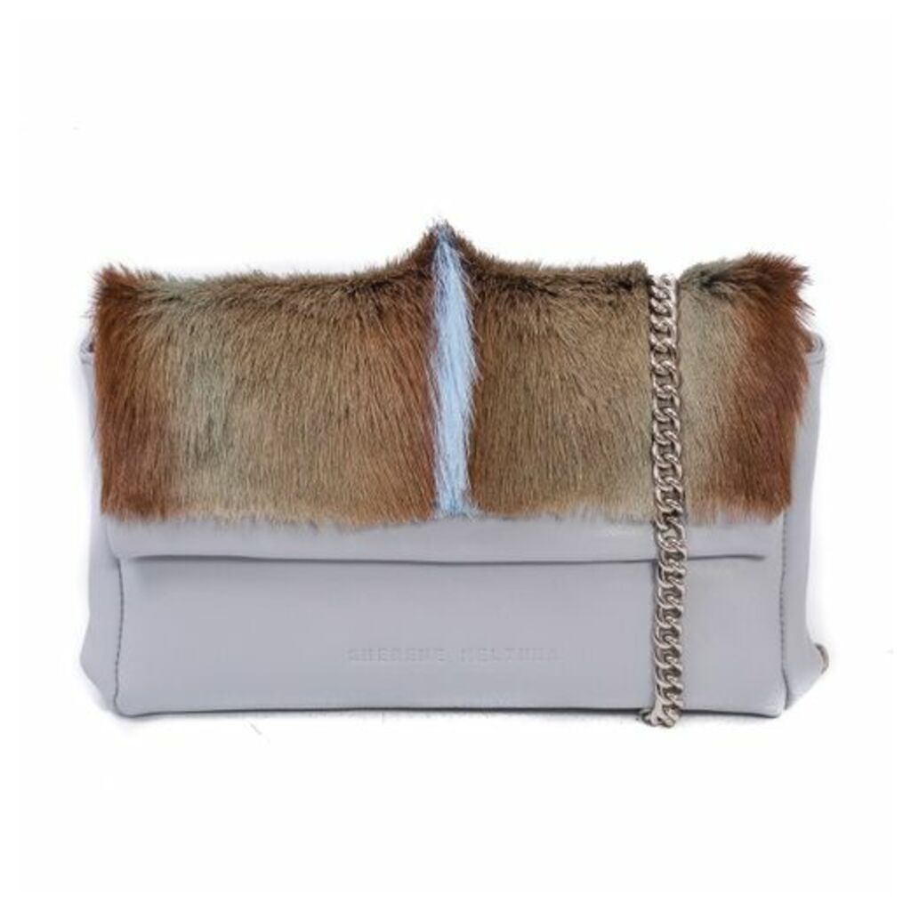 SHERENE MELINDA Baby Blue Sophy Springbok Leather Clutch Bag With A Fan