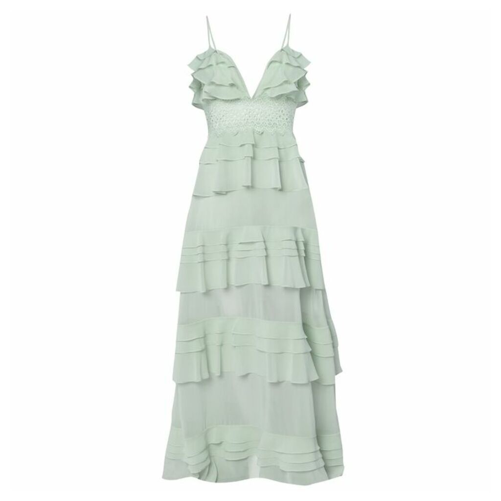 True Decadence Mint Plunge Front Tiered Ruffle Maxi Dress