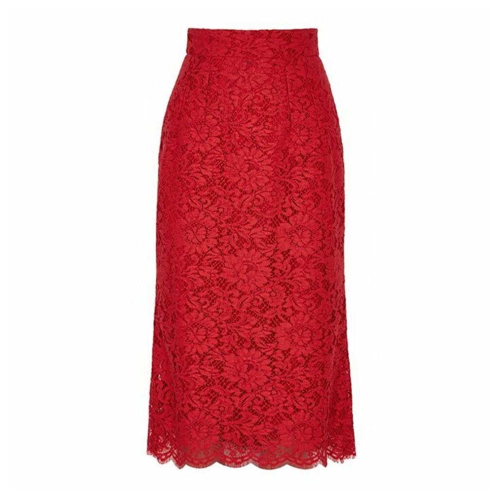 Dolce & Gabbana Red Lace Midi Skirt
