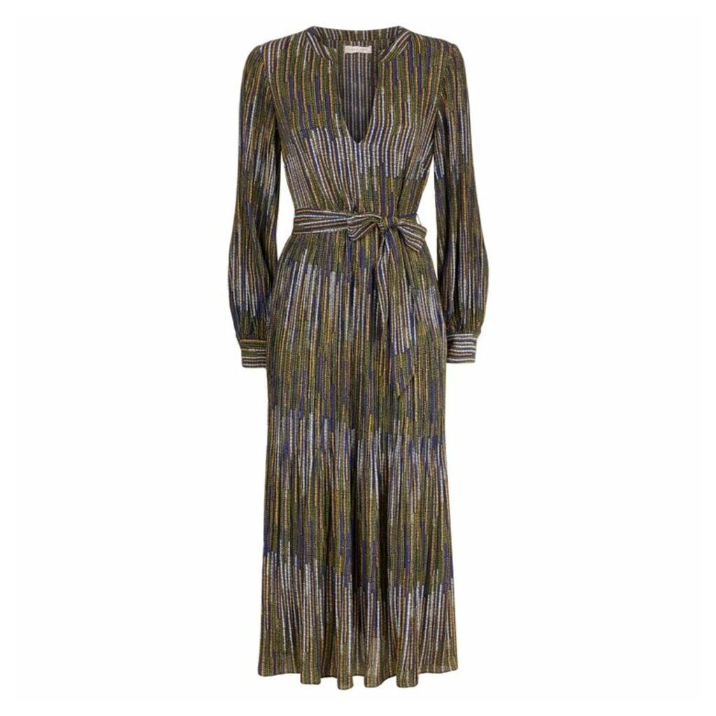 Traffic People Fallen Printed Pleated Maxi Dress In Mustard And Blue
