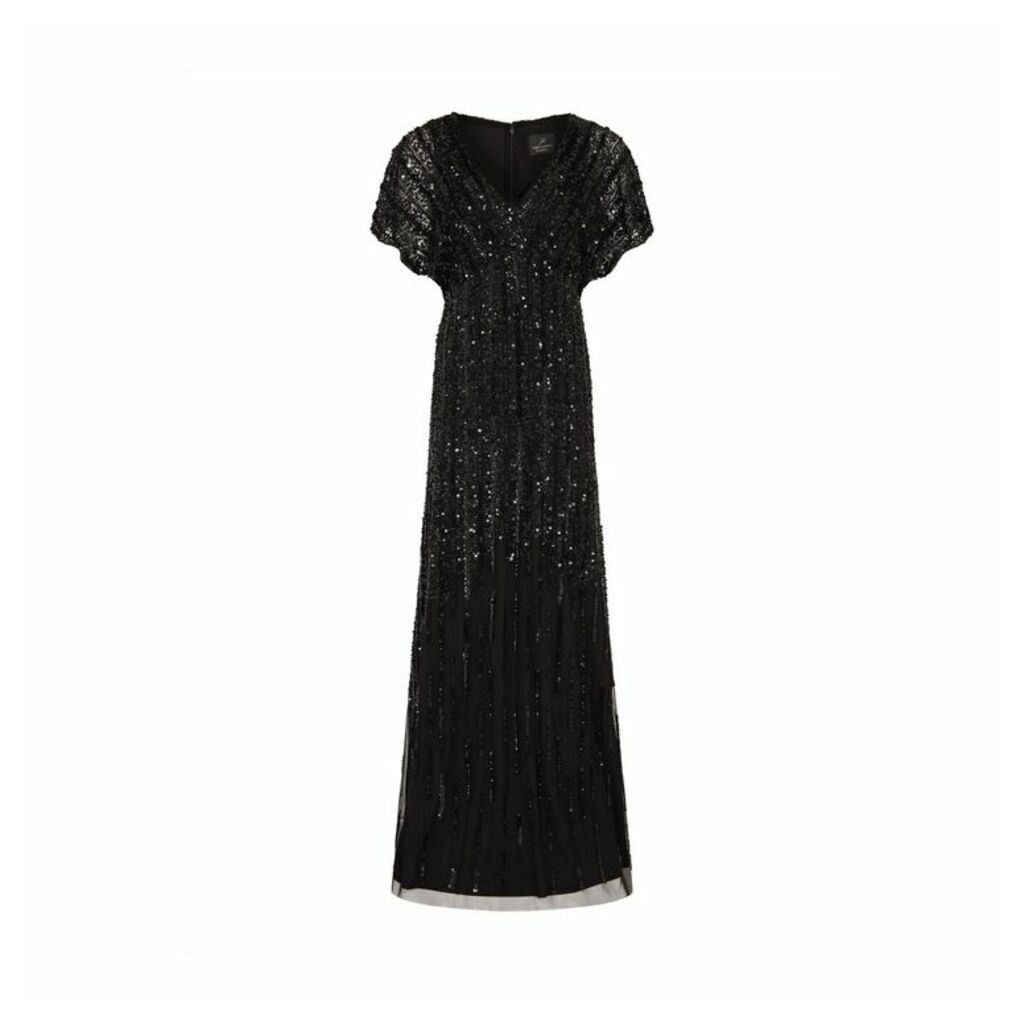 Adrianna Papell Flutter Sleeve Beaded Gown