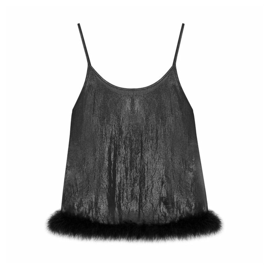 IN. NO Betsy Black Feather-trimmed Top