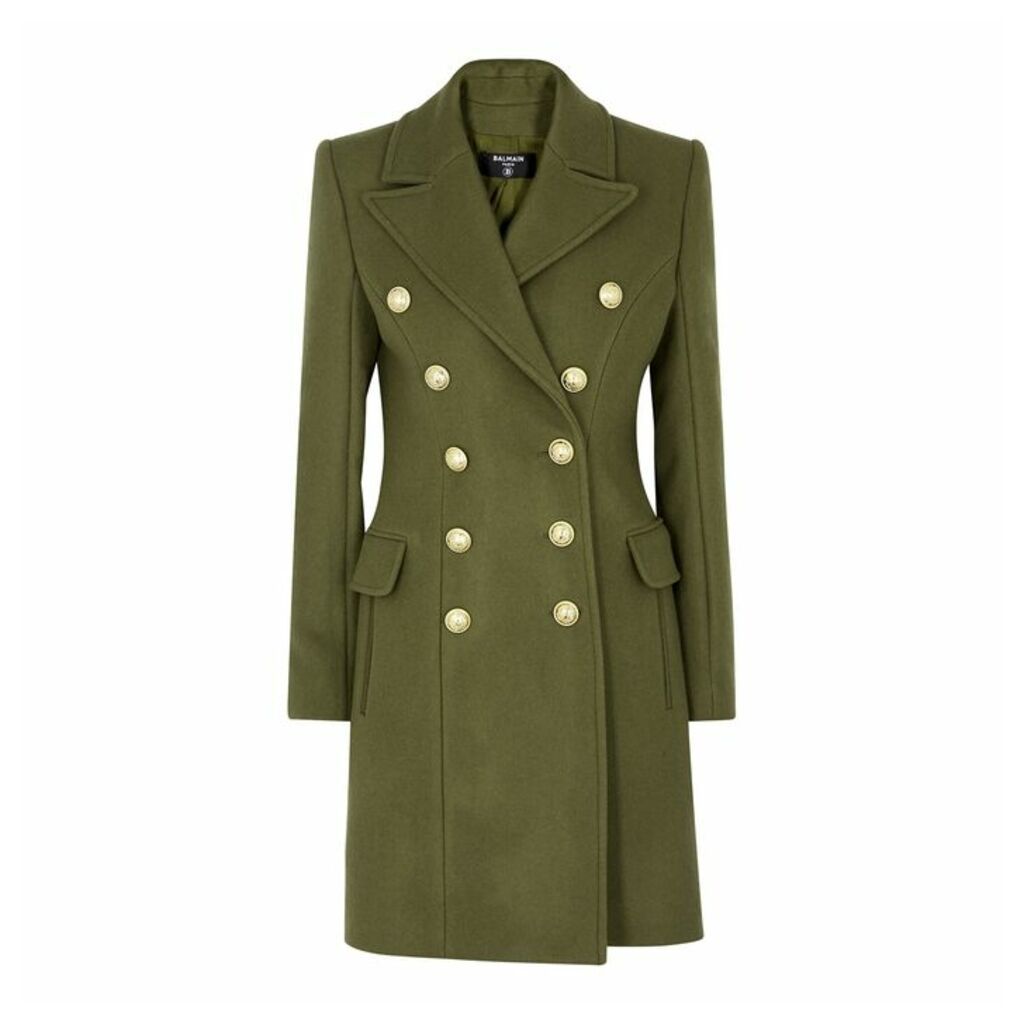 Balmain Army Green Double-breasted Wool-blend Coat