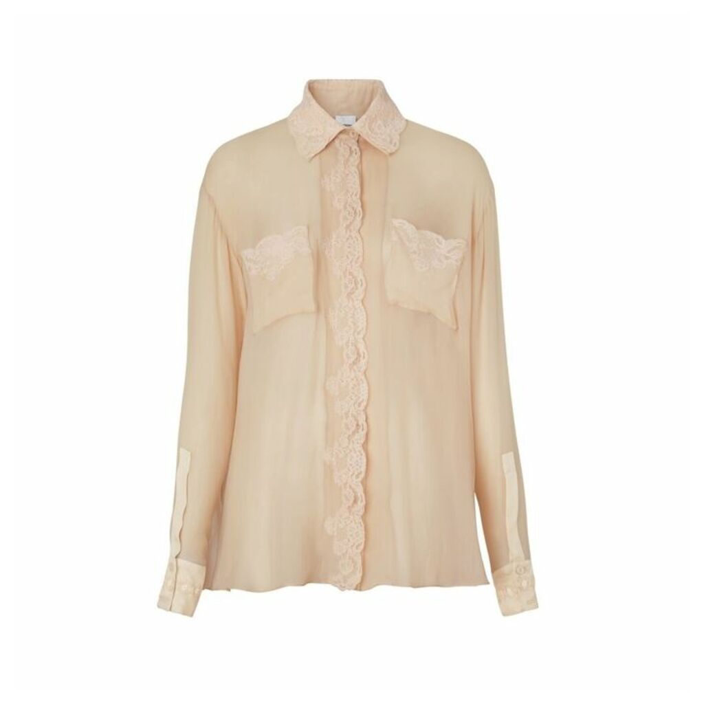 Burberry Lace Detail Silk Chiffon Oversized Shirt
