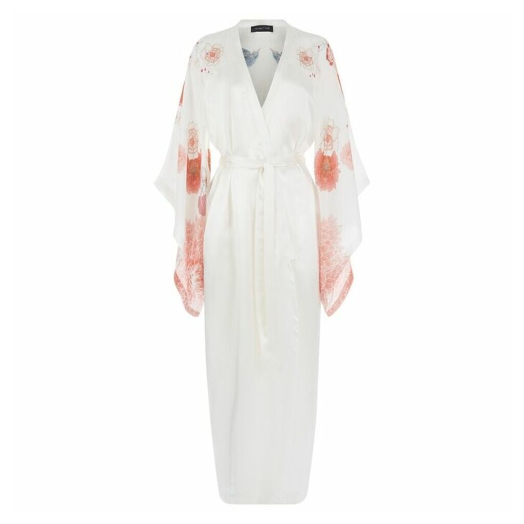 MENG White & Orange Silk Satin & Georgette Kimono