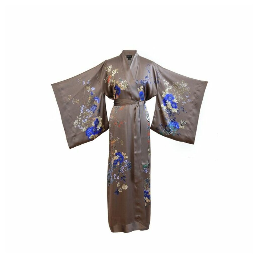 MENG Womens Chocolate Blue Floral Silk Satin Unlined Kimono