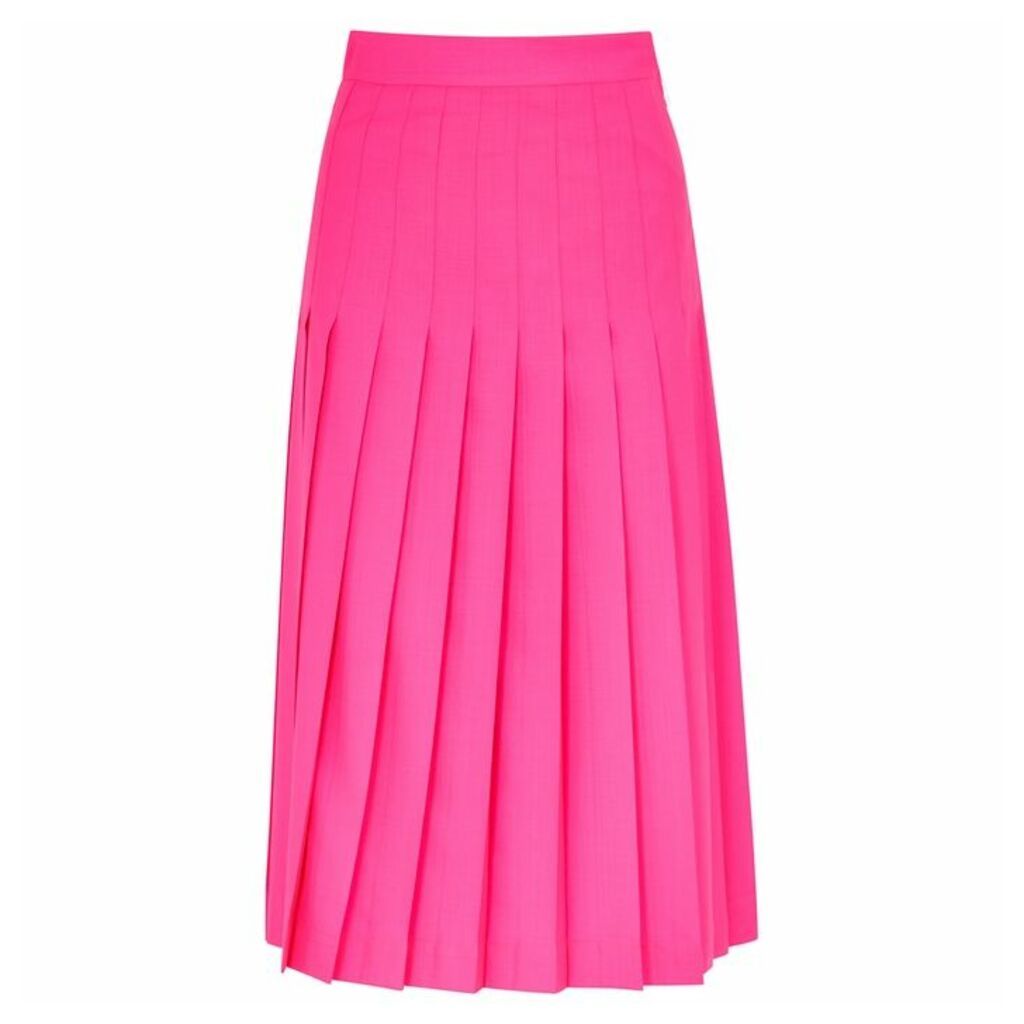MSGM Neon Pink Pleated Wool Midi Skirt