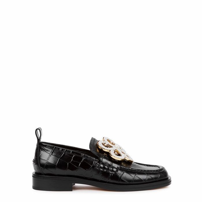 Black Embellished Crocodile-effect Leather Loafers