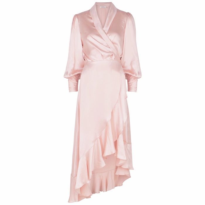 Blush Ruffle-trimmed Silk-satin Wrap Dress