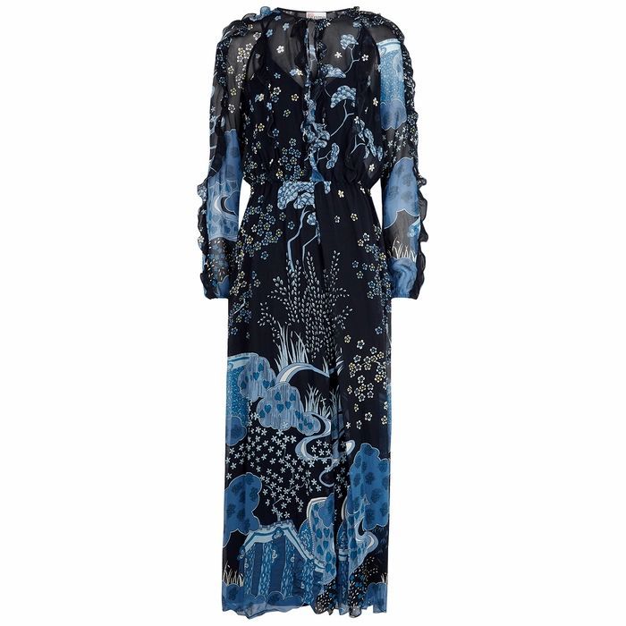Navy Floral-print Silk-chiffon Maxi Dress