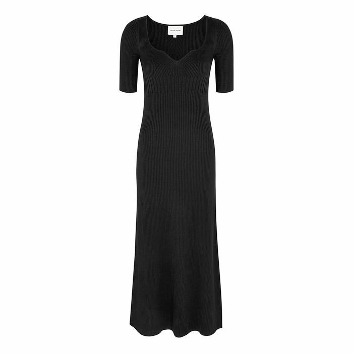 Chetlat Black Ribbed Silk-blend Midi Dress