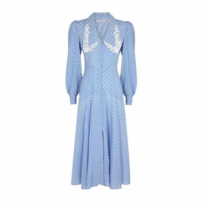 Blue Polka-dot Silk Midi Dress