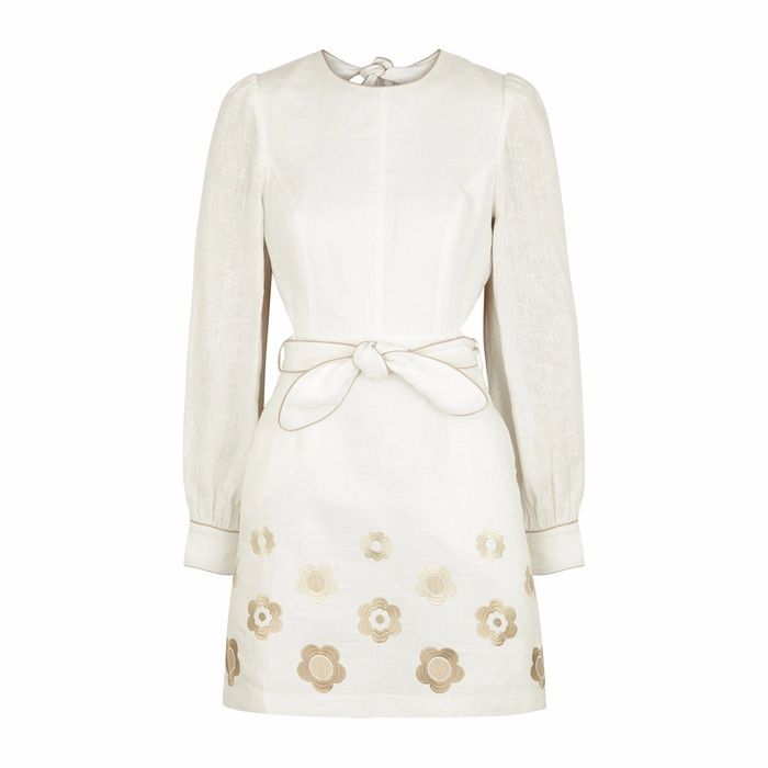 Floris White Embroidered Linen Mini Dress