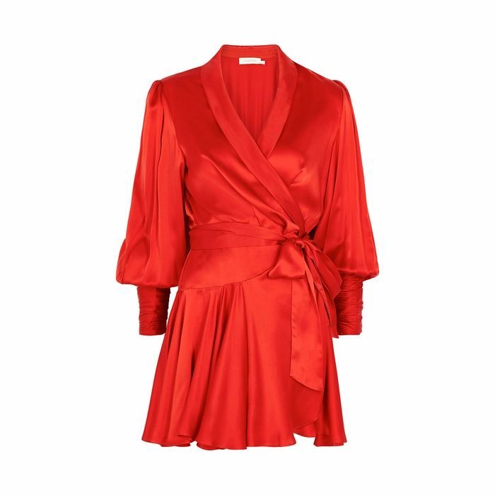 Red Silk-satin Wrap Dress