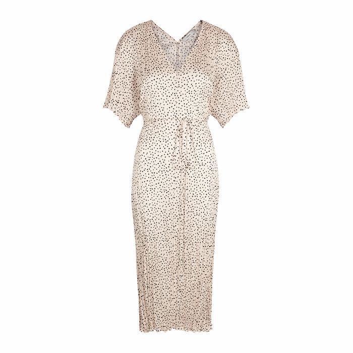 Cream Printed Plissé Satin Midi Dress