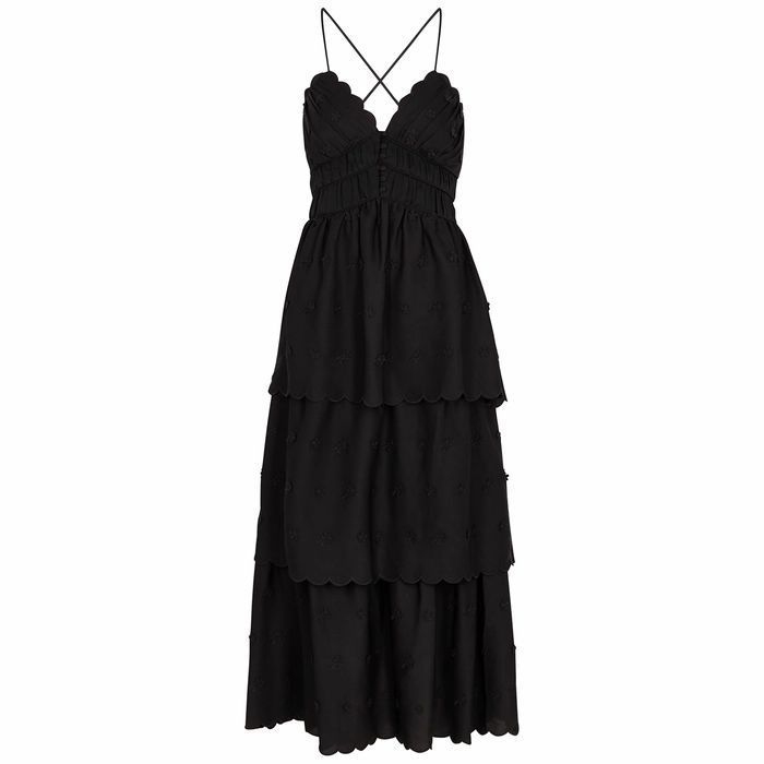 Black Flower-appliquéd Satin Midi Dress