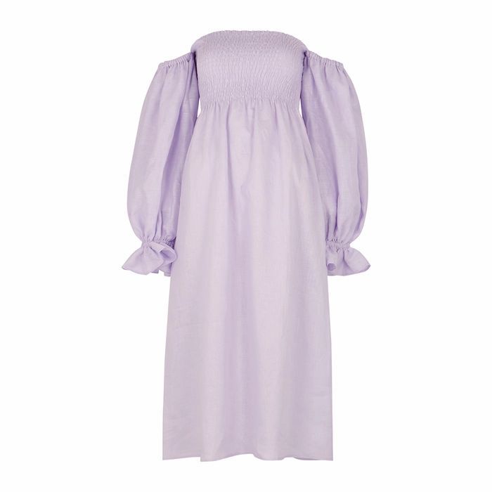Atlanta Lilac Smocked Linen Midi Dress