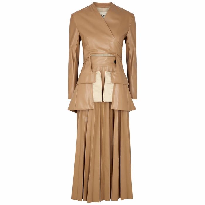 Camel Pleated Faux Leather Dress