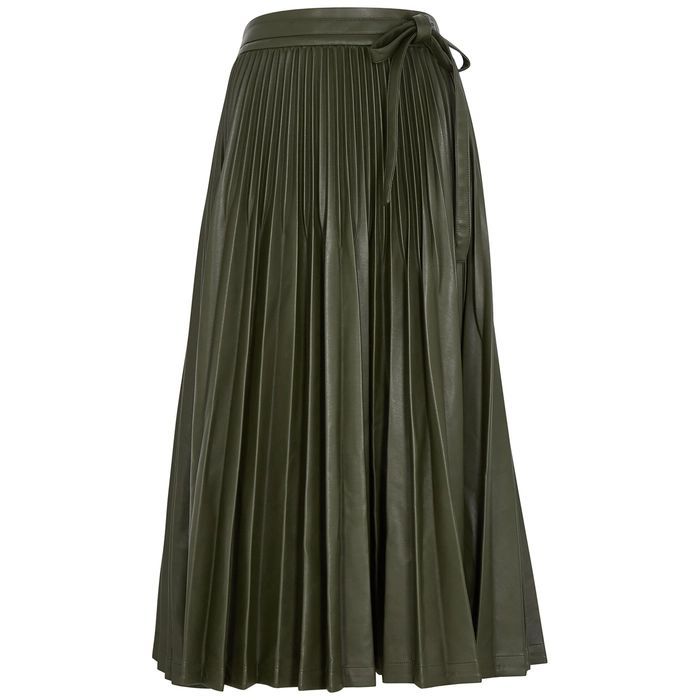 Green Pleated Faux Leather Midi Skirt