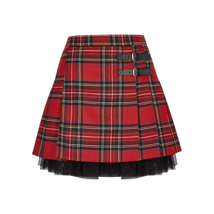 Tartan Tulle-trimmed Wool Mini Skirt