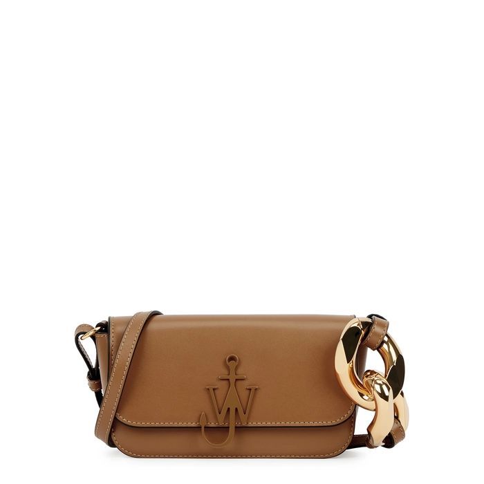 Brown Chain-embellished Leather Shoulder Bag
