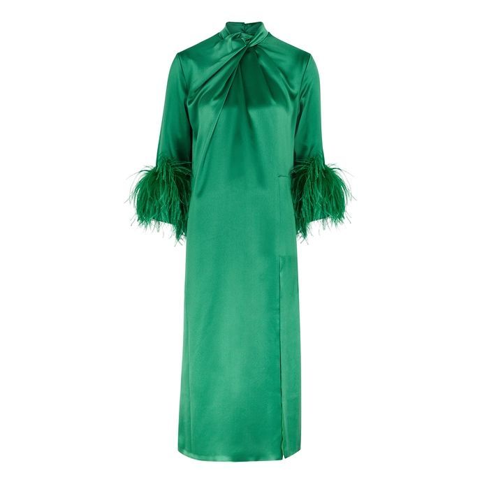 Fujiko Green Feather-trimmed Satin Midi Dress