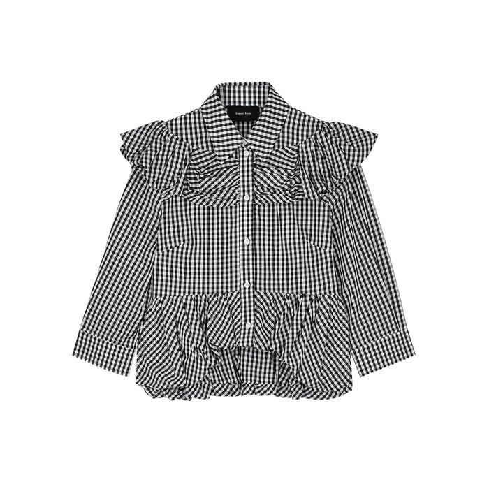 Monochrome Gingham Cotton Blouse - BLACK AND WHITE - 10