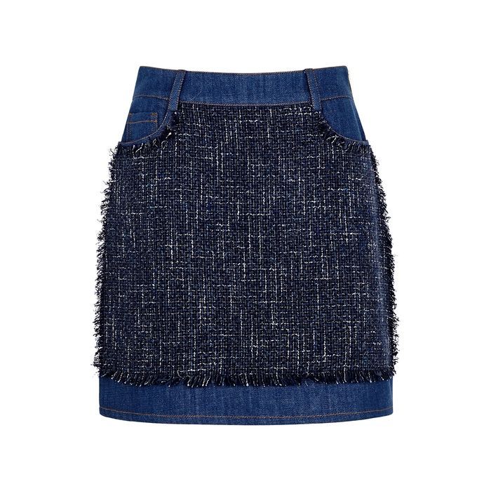 Dark Blue Tweed And Denim Mini Skirt