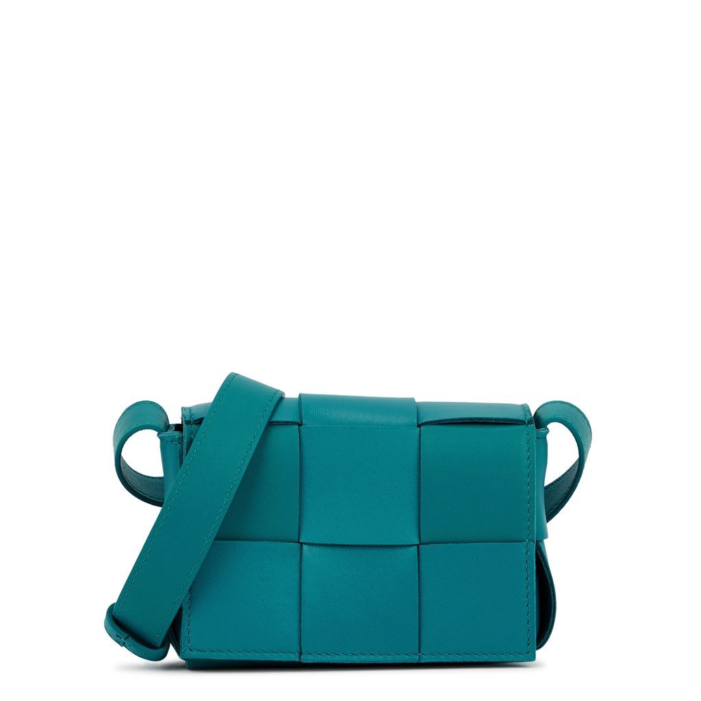 Intrecciato Mini Turquoise Leather Cross-body Bag - Teal