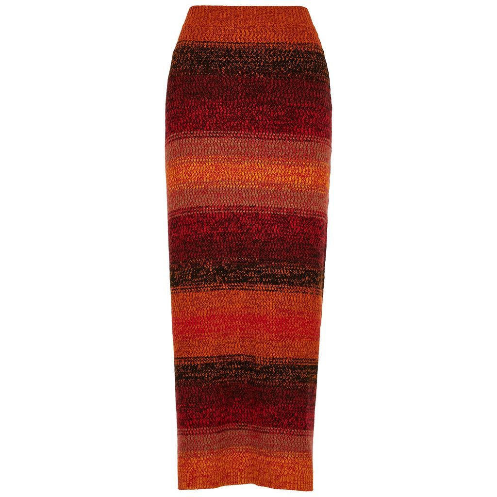 Striped Cashmere Midi Skirt - Orange - M