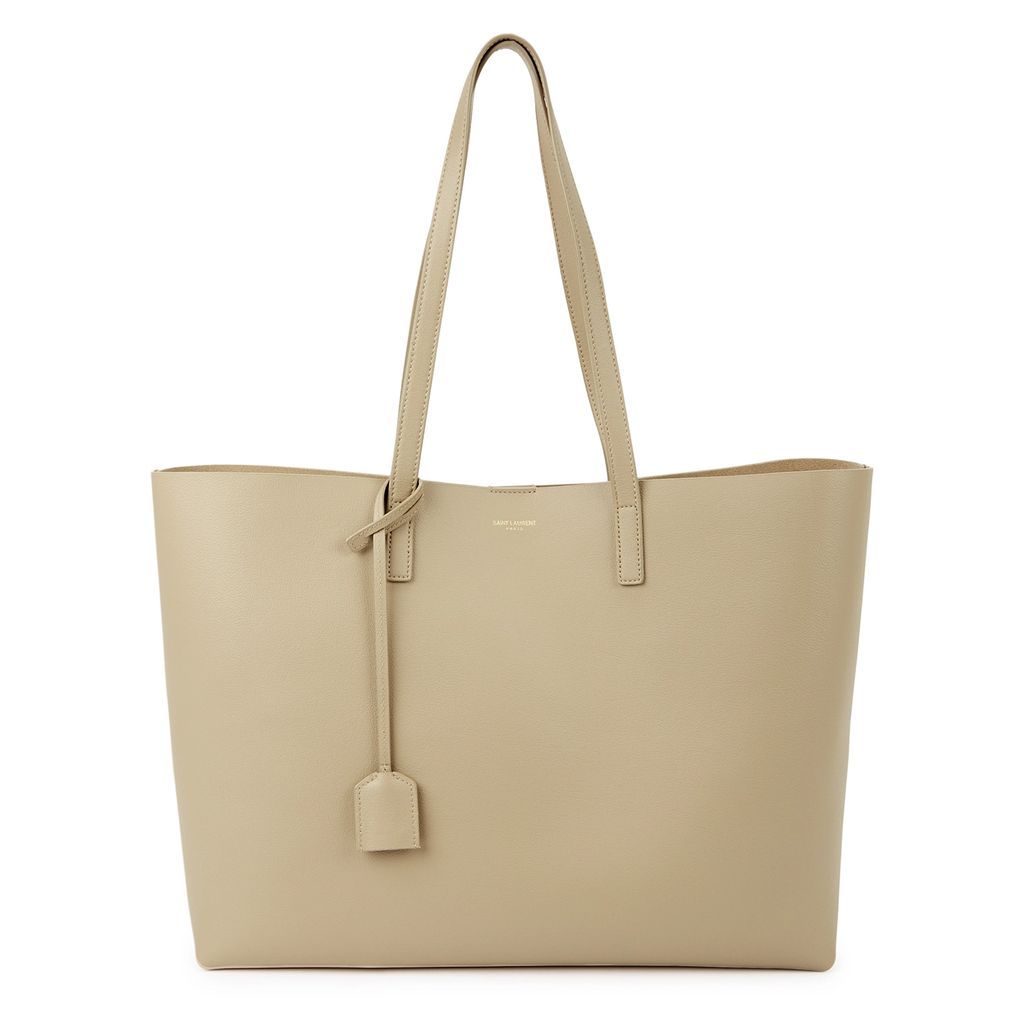 East West Almond Grained Leather Tote - Beige