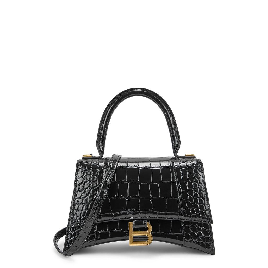Hourglass Small Crocodile-effect Leather Top Handle Bag - Black