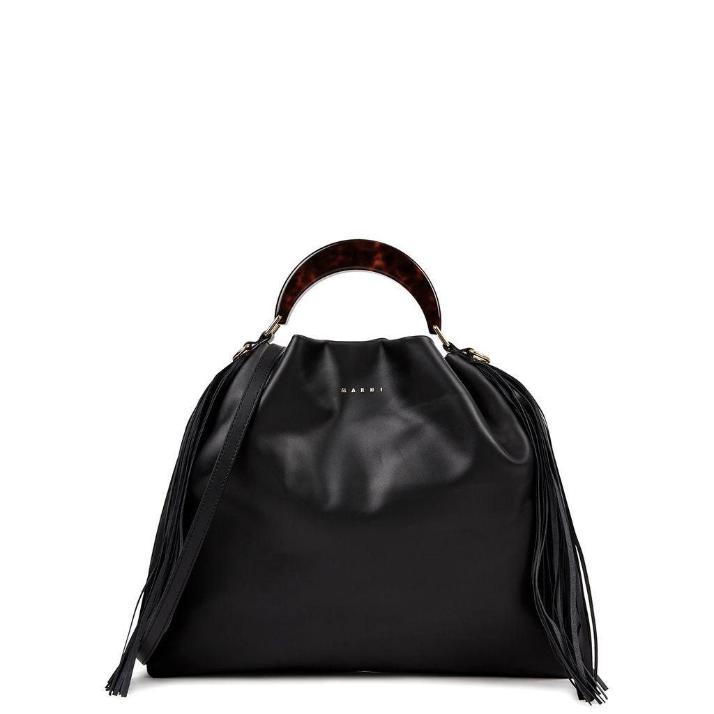 Venice Hobo Medium Fringed Leather Top Handle Bag - Black