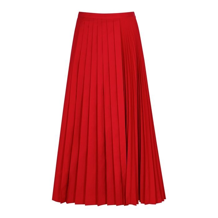 Red Pleated Cotton-blend Midi Skirt