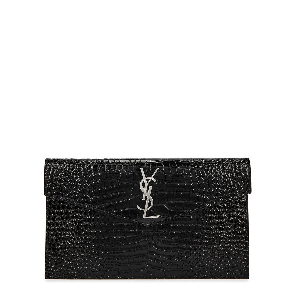 Uptown Crocodile-effect Leather Pouch - Black