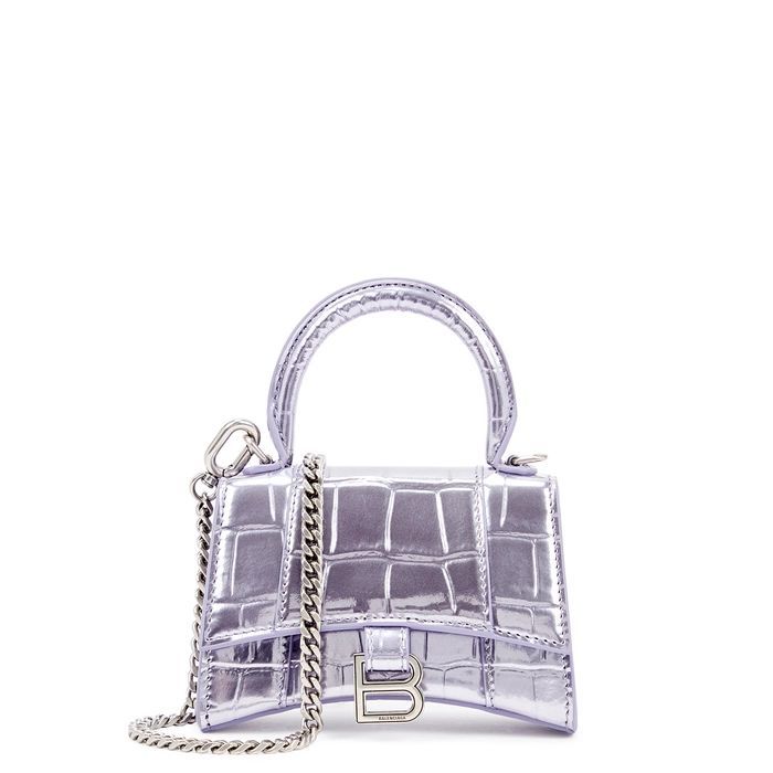 Hourglass Mini Metallic Lilac Leather Cross-body Bag