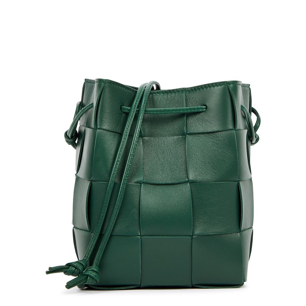 Intrecciato Small Leather Bucket Bag - Dark Green