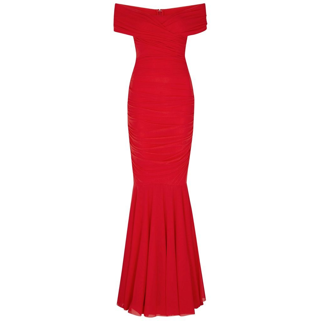 Off-the-shoulder Ruched Tulle Gown - RED - 8