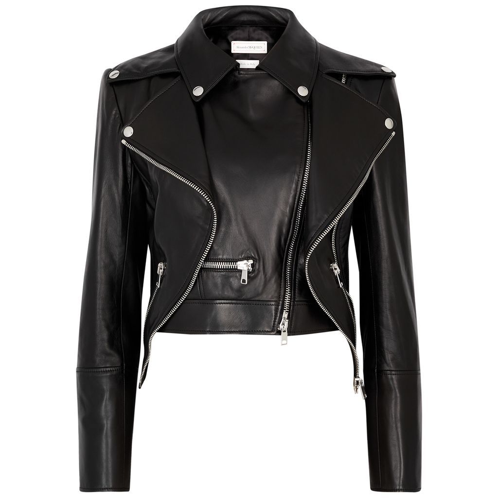 Layered Cropped Leather Jacket, Jacket, Black - 10