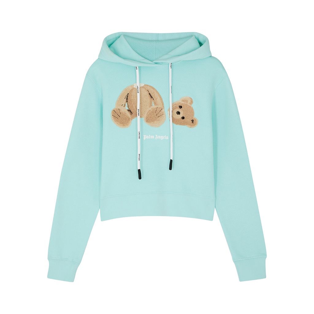 Bear-appliquéd Hooded Cotton Sweatshirt - Light Blue - M